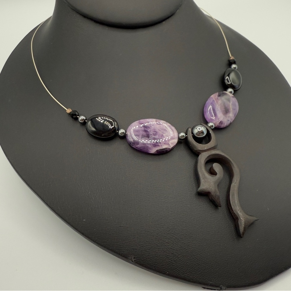 Unique Genuine Amethyst and Tourmaline Stone Beaded Tribal Pendant Necklace